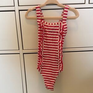 Petit Bateau Pink and White Striped Ruffle Swimsuit